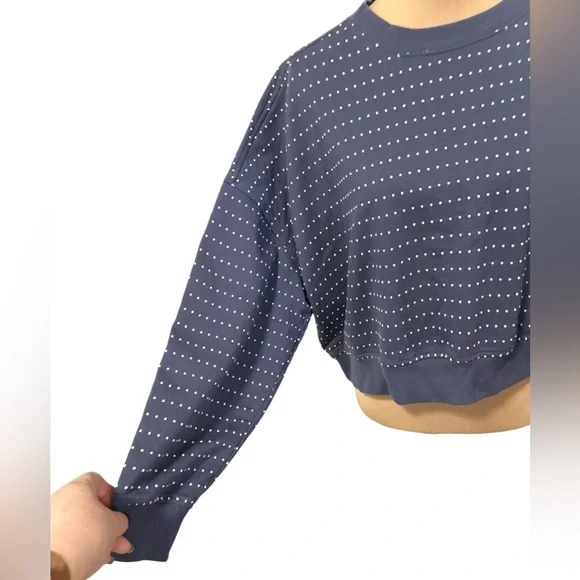 Aerie Take It Easy Crew Cropped Sweatshirt Sweater Embroidered Dots Blue Medium. - Picture 4 of 11
